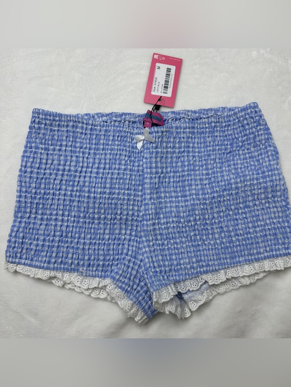 NWT Edikted Light Blue Smocked Shorts with White Lace Trim M